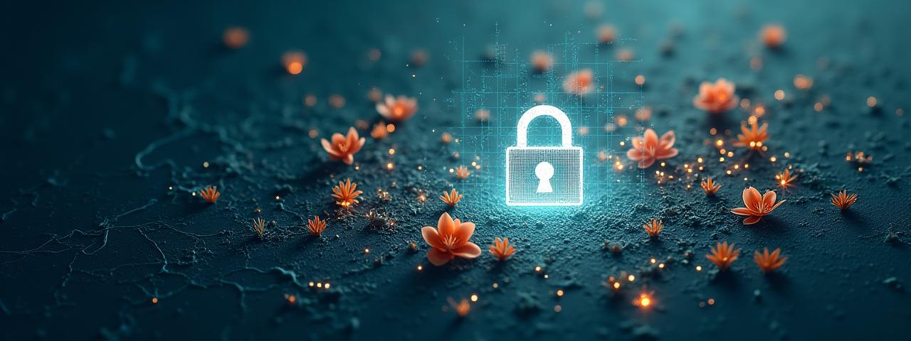 Visual abstracto de datos seguros con flores y elementos cartográficos, representando privacidad y tecnología